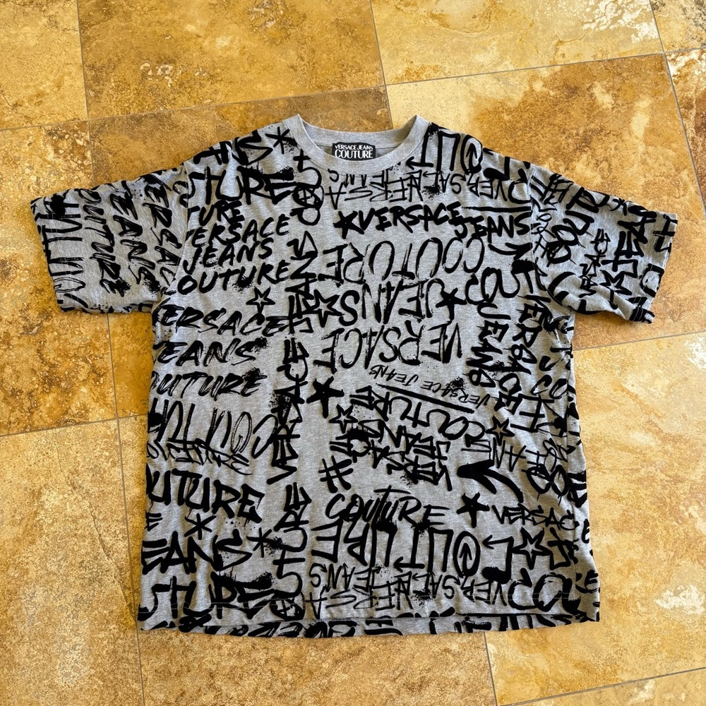 Versace Gray and Black Graphic Men's Shirt